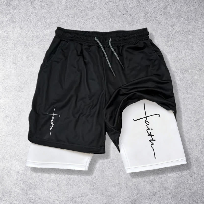 Christianartworkshop Sportshorts mit integriertem Faith-Cross-Schriftzug in Schreibschrift, zweilagig, mit Kordelzug - Weiß - 3XL - image 0