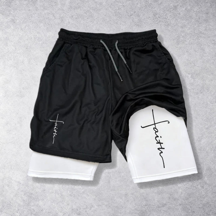 Christianartworkshop Sportshorts mit integriertem Faith-Cross-Schriftzug in Schreibschrift, zweilagig, mit Kordelzug - Weiß - 3XL - image 0