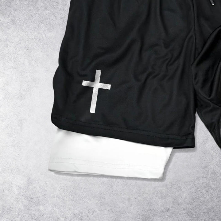 Christianartworkshop Zweilagige, mehrlagige Sportshorts mit zwei verschiedenen Kreuzsymbolen – Andachtsshorts - image 2