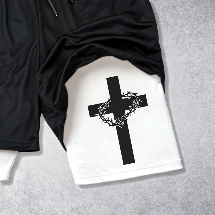 Christianartworkshop Zweilagige, mehrlagige Sportshorts mit zwei verschiedenen Kreuzsymbolen – Andachtsshorts - image 3