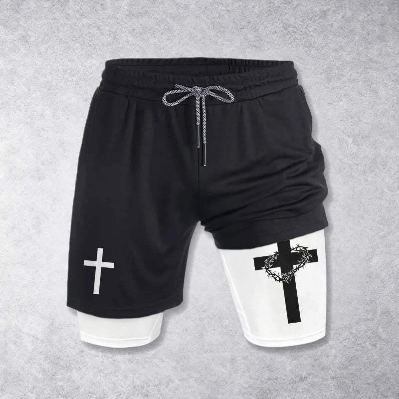 Christianartworkshop Zweilagige, mehrlagige Sportshorts mit zwei verschiedenen Kreuzsymbolen – Andachtsshorts - image 1