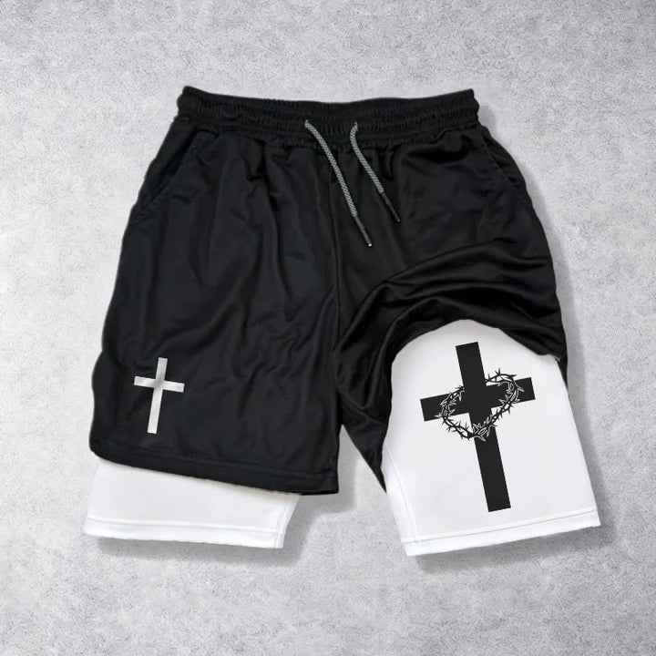 Christianartworkshop Zweilagige, mehrlagige Sportshorts mit zwei verschiedenen Kreuzsymbolen – Andachtsshorts - Weiß - 3XL - image 0