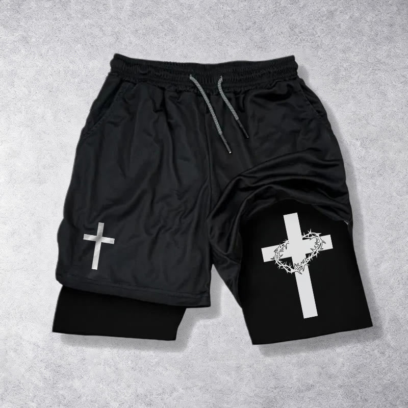 Christianartworkshop Zweilagige, mehrlagige Sportshorts mit zwei verschiedenen Kreuzsymbolen – Andachtsshorts - Schwarz - 3XL - image 9