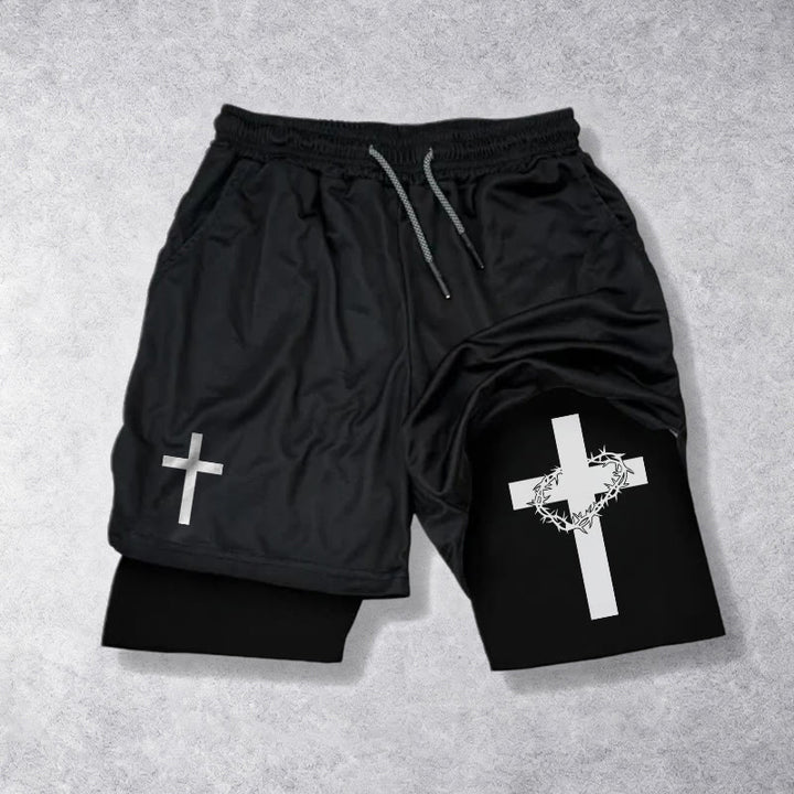 Christianartworkshop Zweilagige, mehrlagige Sportshorts mit zwei verschiedenen Kreuzsymbolen – Andachtsshorts - Schwarz - 3XL - image 9