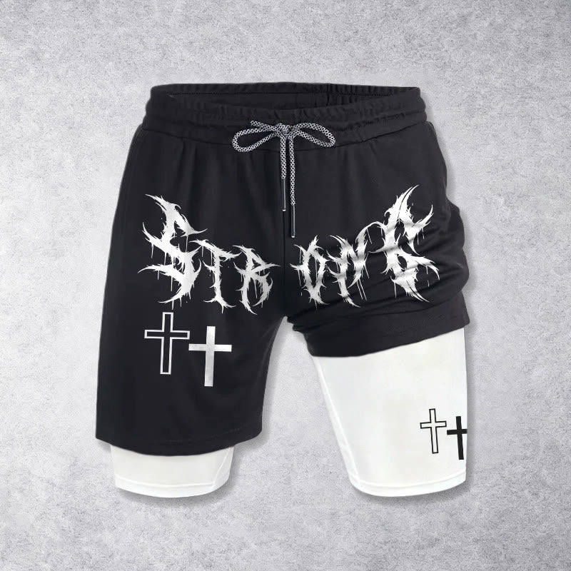 Christianartworkshop Shorts mit auffälliger, markanter gotischer Schrift, doppeltem Kreuz und passendem Zweifarbdruck, Kordelzug und Glaubensmotiv - image 1
