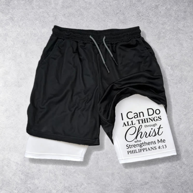 Christianartworkshop Zeitlose „Ich vermag alles durch Christus“-Sportshorts mit doppelter Lage und Kordelzug - Weiß - 3XL - image 0