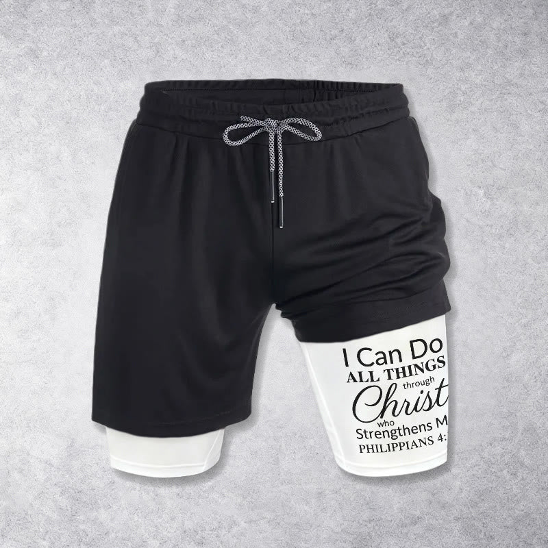 Christianartworkshop Zeitlose „Ich vermag alles durch Christus“-Sportshorts mit doppelter Lage und Kordelzug - image 1