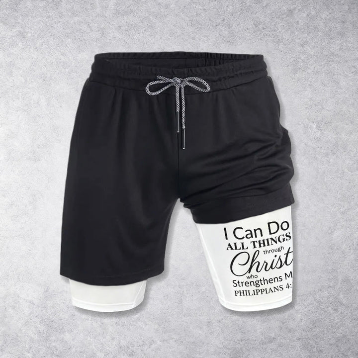 Christianartworkshop Zeitlose „Ich vermag alles durch Christus“-Sportshorts mit doppelter Lage und Kordelzug - image 1