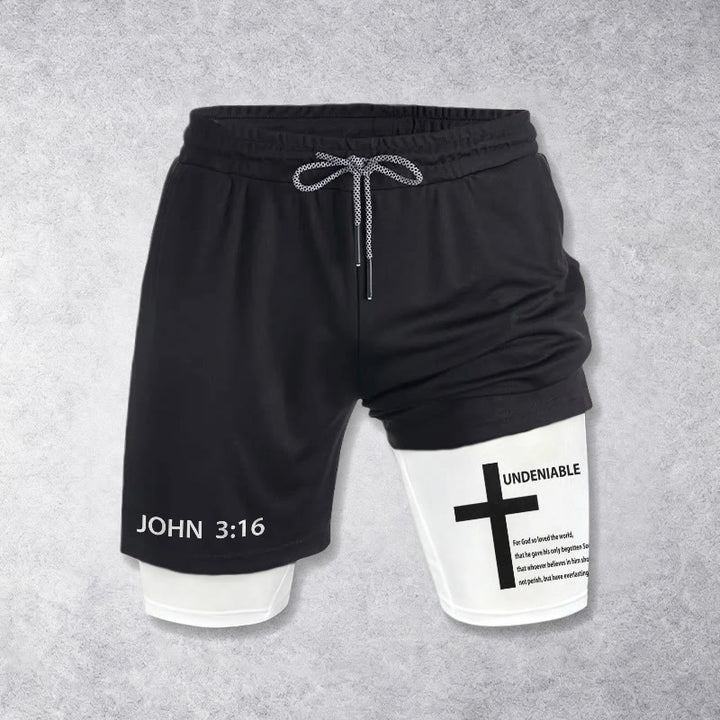 Christianartworkshop Johannes 3,16 Äußeres unbestreitbares Kreuz Vollständiger Vers Inneres zweilagige Shorts mit Kordelzug Glaube - image 1