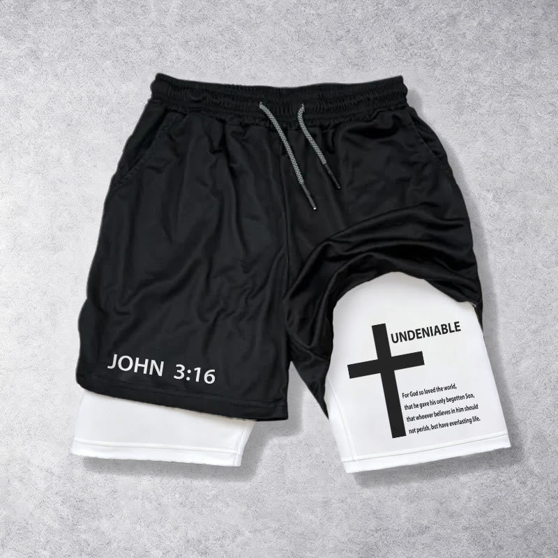 Christianartworkshop Johannes 3,16 Äußeres unbestreitbares Kreuz Vollständiger Vers Inneres zweilagige Shorts mit Kordelzug Glaube - Weiß - 3XL - image 0
