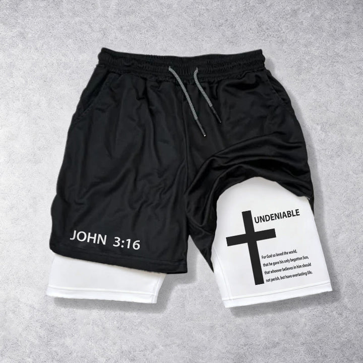 Christianartworkshop Johannes 3,16 Äußeres unbestreitbares Kreuz Vollständiger Vers Inneres zweilagige Shorts mit Kordelzug Glaube - Weiß - 3XL - image 0