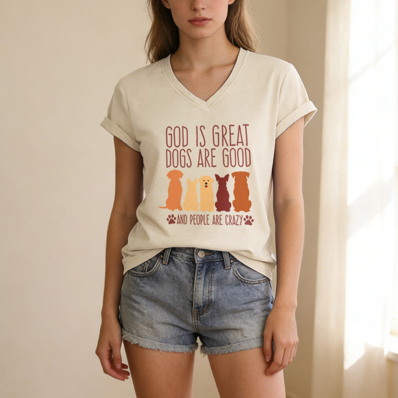 Christianartworkshop Gott ist groß, Hunde sind gut – mehrfarbiges T-Shirt mit Hunde-Silhouette und Pfotenabdruck-Grafik auf lässigem V-Ausschnitt - image 5