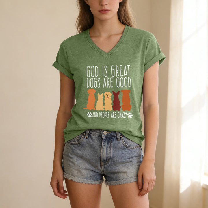 Christianartworkshop Gott ist groß, Hunde sind gut – mehrfarbiges T-Shirt mit Hunde-Silhouette und Pfotenabdruck-Grafik auf lässigem V-Ausschnitt - image 19