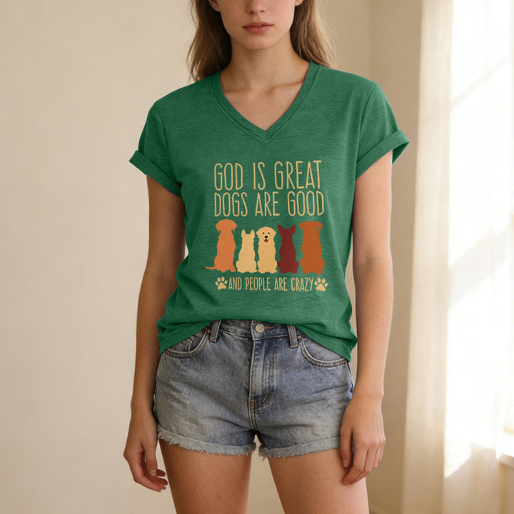 Christianartworkshop Gott ist groß, Hunde sind gut – mehrfarbiges T-Shirt mit Hunde-Silhouette und Pfotenabdruck-Grafik auf lässigem V-Ausschnitt - image 25