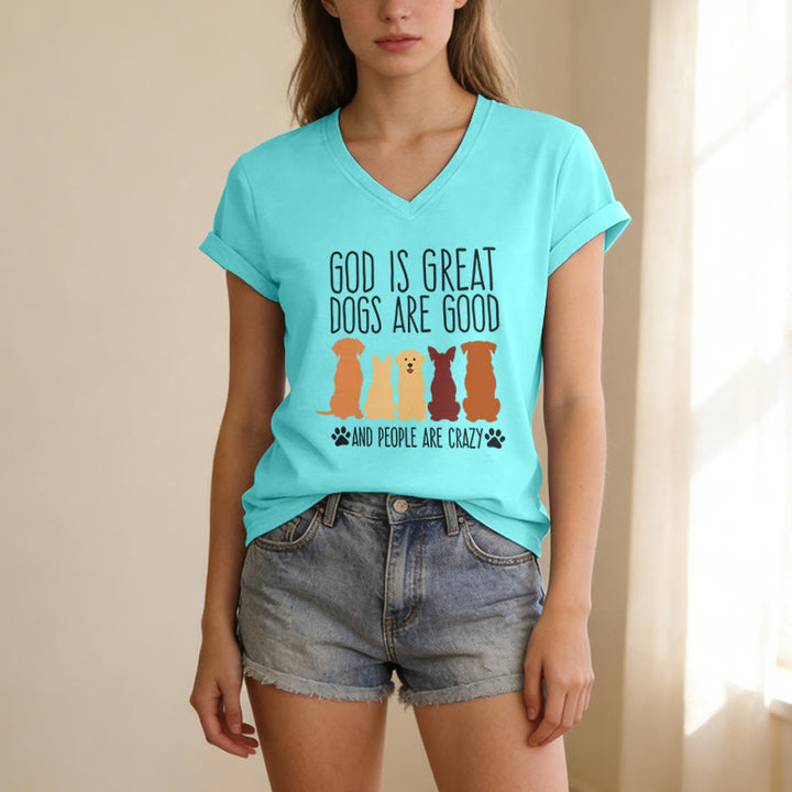 Christianartworkshop Gott ist groß, Hunde sind gut – mehrfarbiges T-Shirt mit Hunde-Silhouette und Pfotenabdruck-Grafik auf lässigem V-Ausschnitt - image 23