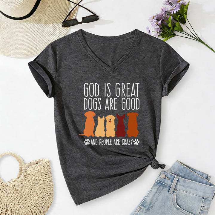 Christianartworkshop Gott ist groß, Hunde sind gut – mehrfarbiges T-Shirt mit Hunde-Silhouette und Pfotenabdruck-Grafik auf lässigem V-Ausschnitt - Dunkelgrau - 2XL - image 0