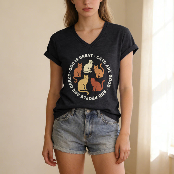 Christianartworkshop Lustiges christliches Katzenliebhaber-T-Shirt mit kreisförmigem Slogan, mehrfarbigem Kätzchenmotiv und V-Ausschnitt - image 15