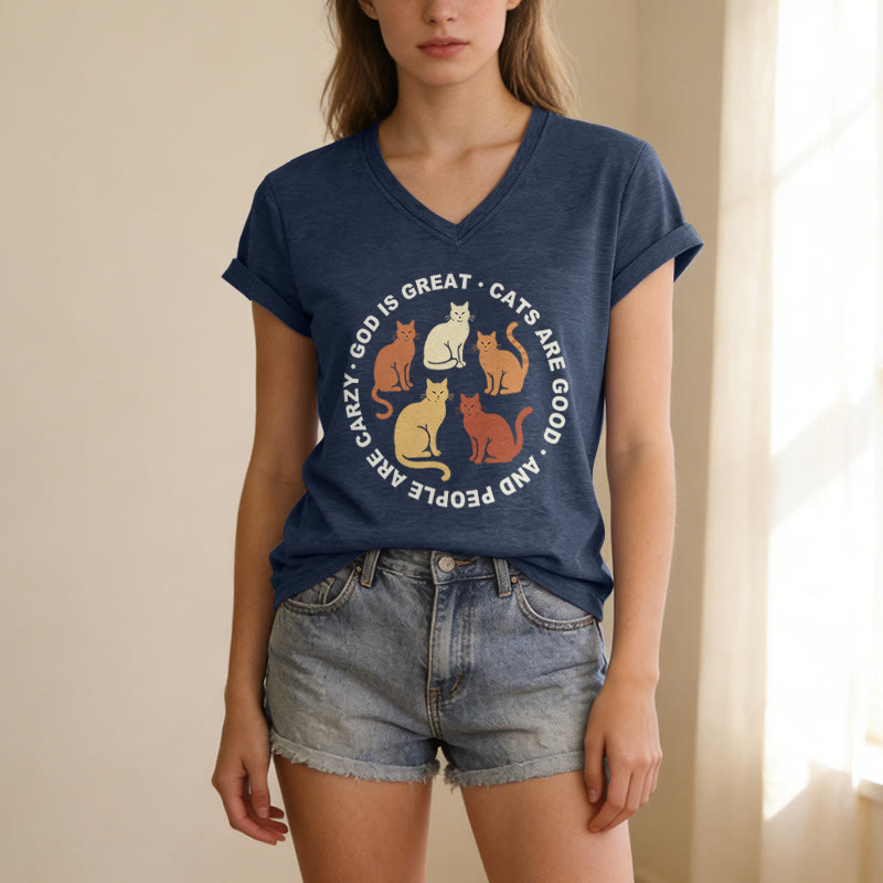 Christianartworkshop Lustiges christliches Katzenliebhaber-T-Shirt mit kreisförmigem Slogan, mehrfarbigem Kätzchenmotiv und V-Ausschnitt - image 5