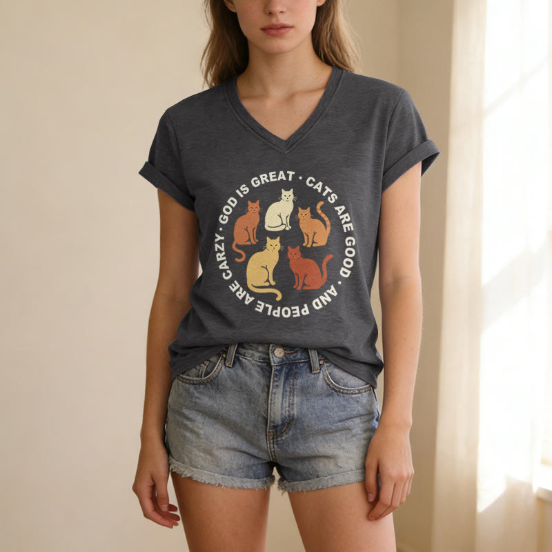 Christianartworkshop Lustiges christliches Katzenliebhaber-T-Shirt mit kreisförmigem Slogan, mehrfarbigem Kätzchenmotiv und V-Ausschnitt - image 3