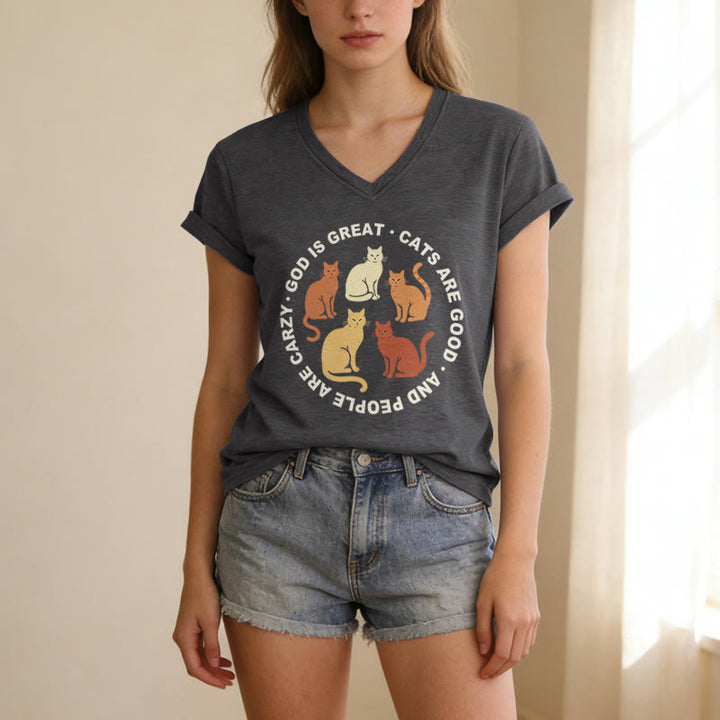 Christianartworkshop Lustiges christliches Katzenliebhaber-T-Shirt mit kreisförmigem Slogan, mehrfarbigem Kätzchenmotiv und V-Ausschnitt - image 3