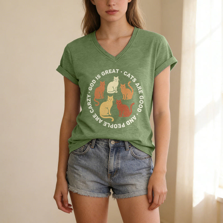 Christianartworkshop Lustiges christliches Katzenliebhaber-T-Shirt mit kreisförmigem Slogan, mehrfarbigem Kätzchenmotiv und V-Ausschnitt - image 19