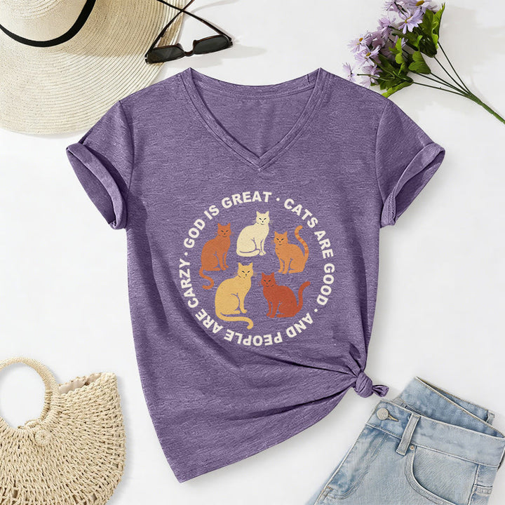 Christianartworkshop Lustiges christliches Katzenliebhaber-T-Shirt mit kreisförmigem Slogan, mehrfarbigem Kätzchenmotiv und V-Ausschnitt - Lila - 2XL - image 0