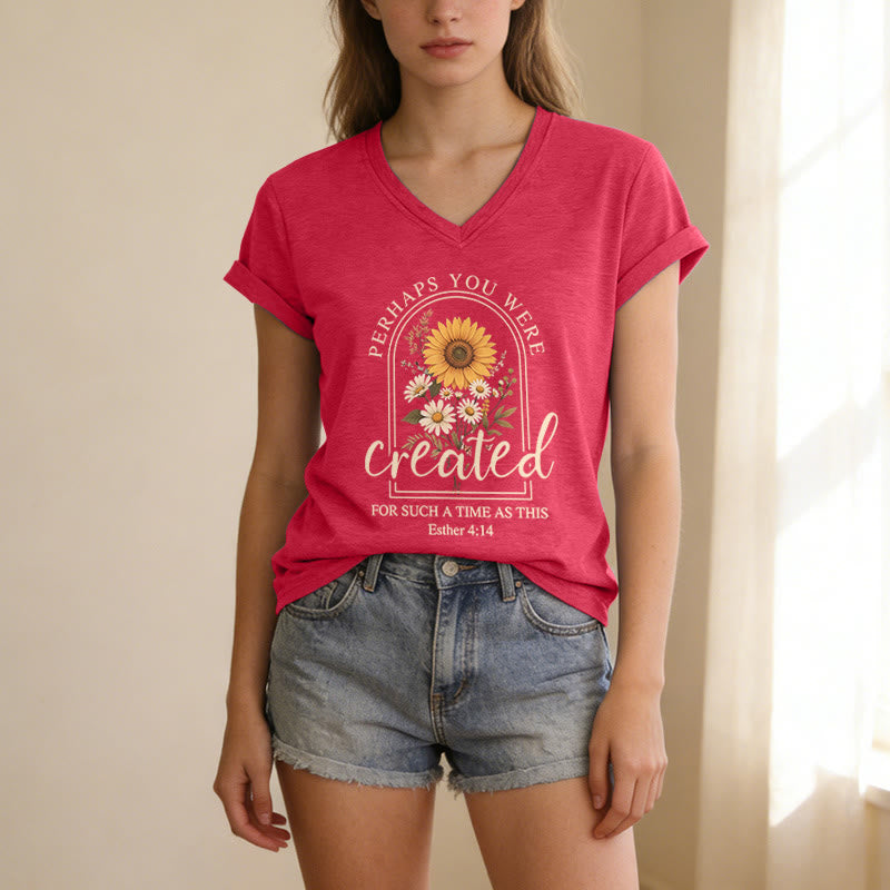 Christianartworkshop Vintage-Bogen-Sonnenblumen-Gänseblümchenstrauß mit Bibelzitat aus Esther 4,14 – Lässiges V-Ausschnitt-T-Shirt - image 1