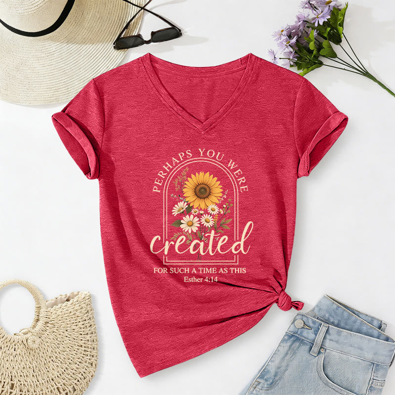 Christianartworkshop Vintage-Bogen-Sonnenblumen-Gänseblümchenstrauß mit Bibelzitat aus Esther 4,14 – Lässiges V-Ausschnitt-T-Shirt - Rot - 2XL - image 0
