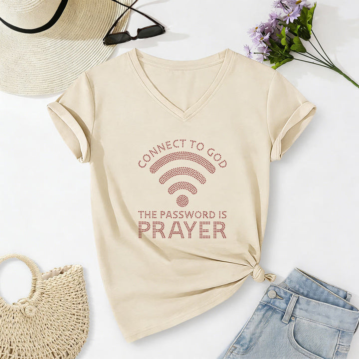 Christianartworkshop Verbinde dich mit Gott – WLAN-Symbol – Das Passwort ist Gebet – Grafik des Glaubens – Lässiges V-Ausschnitt-T-Shirt - Beige - 2XL - image 2