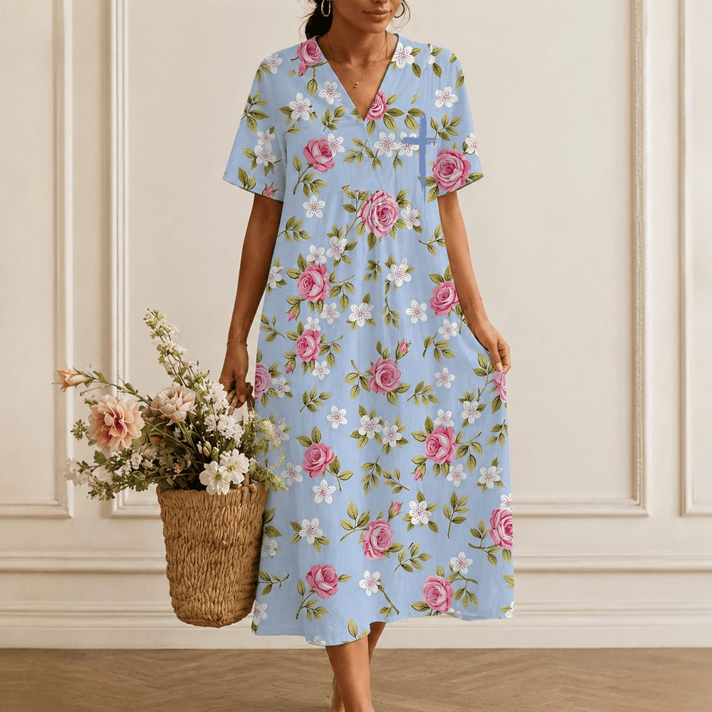 Christianartworkshop Sommerliches Oversize-Midikleid mit Blumenmuster, gekreuztem Grafikprint, V-Ausschnitt und kurzen Ärmeln - image 0