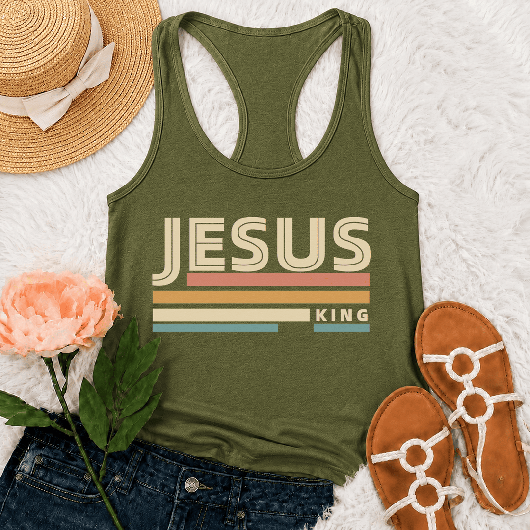 Christianartworkshop Jesus King Retro Multicolor Stripe Vintage Bold Font Graphic Racerback Tank Top - Armeegrün - 2XL - image 0