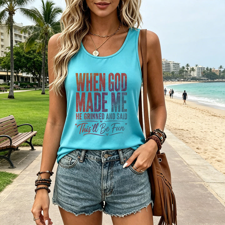 Christianartworkshop Pastellfarbenes Tanktop mit Regenbogenverlauf, lustigem Motiv: Gott und Schöpfung, Used-Look-Typografie, Racerback - image 19