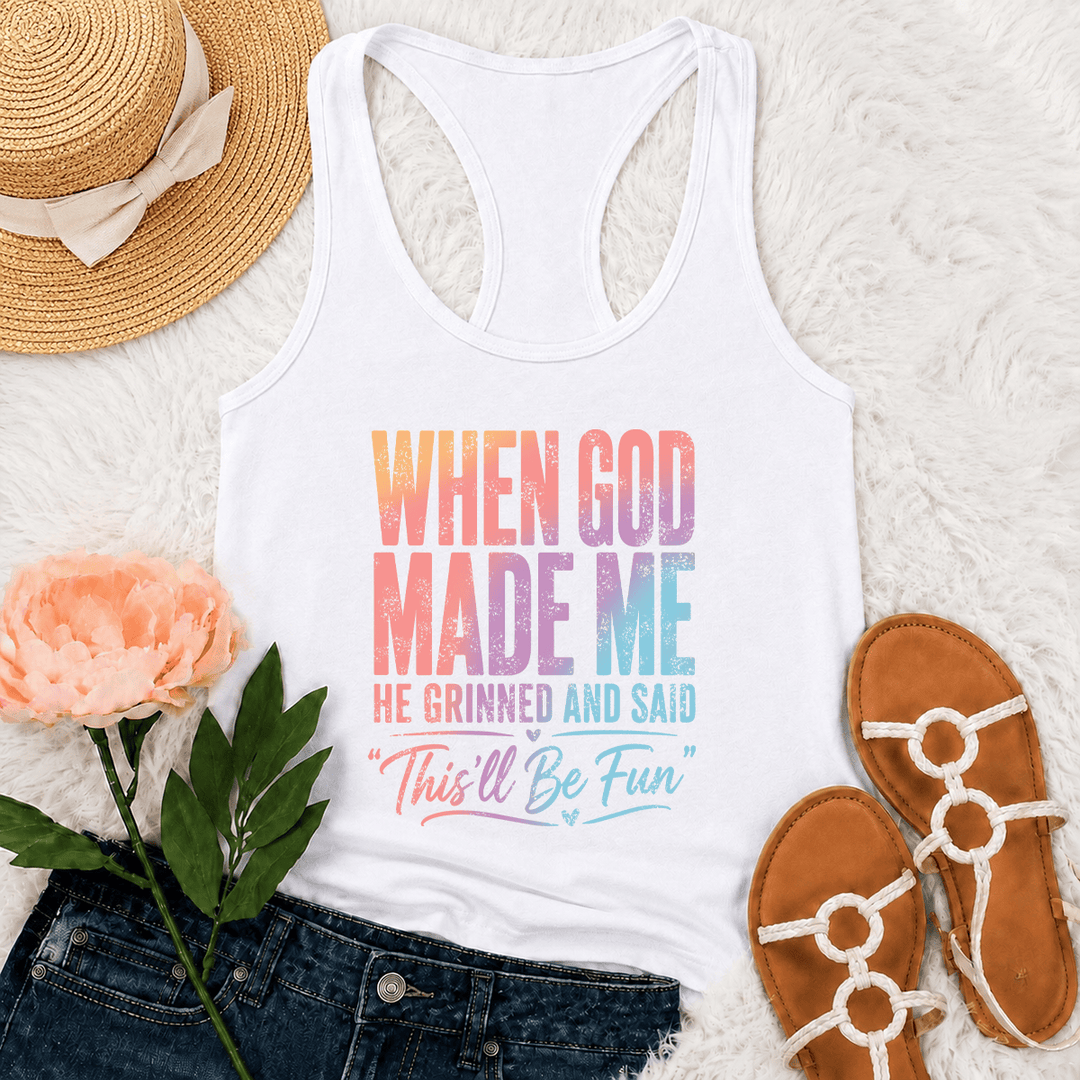 Christianartworkshop Tanktop mit pastellfarbenem Regenbogen-Farbverlauf, lustigem Motiv und Schriftzug „Gott und Schöpfung“, Used-Look, Racerback-Rücken - Weiß - 2XL - image 12