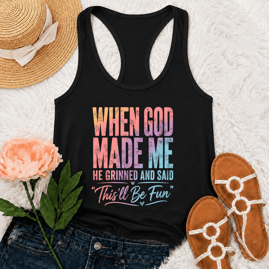 Christianartworkshop Tanktop mit pastellfarbenem Regenbogen-Farbverlauf, lustigem Motiv und Schriftzug „Gott und Schöpfung“, Used-Look, Racerback-Rücken - Schwarz - 2XL - image 0