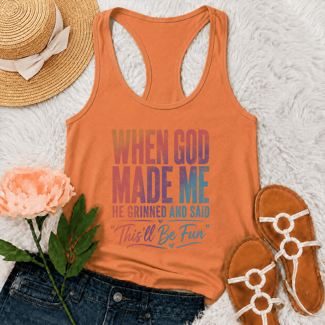 Christianartworkshop Tanktop mit pastellfarbenem Regenbogen-Farbverlauf, lustigem Motiv und Schriftzug „Gott und Schöpfung“, Used-Look, Racerback-Rücken - Orange - 2XL - image 27