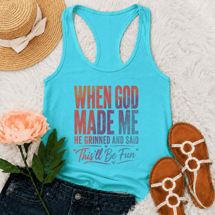 Christianartworkshop Pastellfarbenes Tanktop mit Regenbogenverlauf, lustigem Motiv: Gott und Schöpfung, Used-Look-Typografie, Racerback - Minze - 2XL - image 18