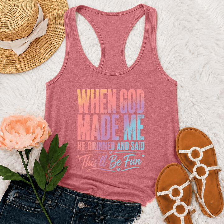 Christianartworkshop Pastellfarbenes Tanktop mit Regenbogenverlauf, lustigem Motiv: Gott und Schöpfung, Used-Look-Typografie, Racerback - Rosa - 2XL - image 21