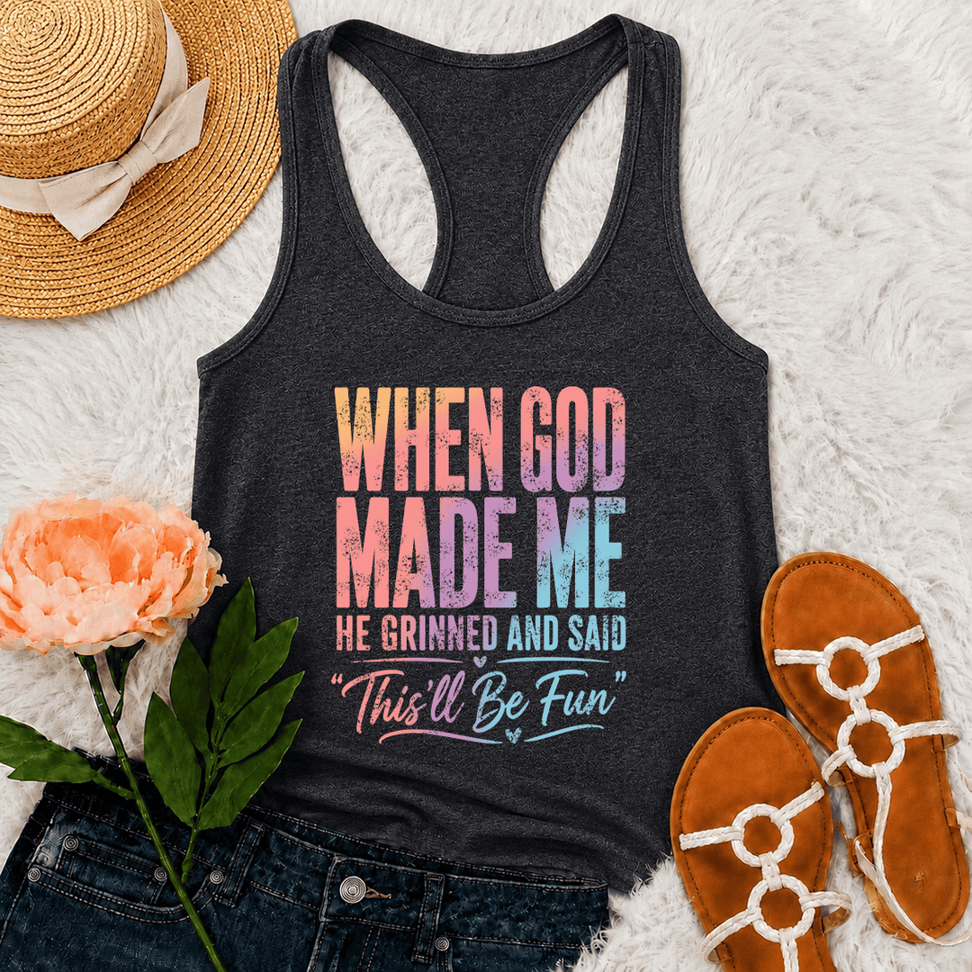Christianartworkshop Pastellfarbenes Tanktop mit Regenbogenverlauf, lustigem Motiv: Gott und Schöpfung, Used-Look-Typografie, Racerback - Grau - 2XL - image 15
