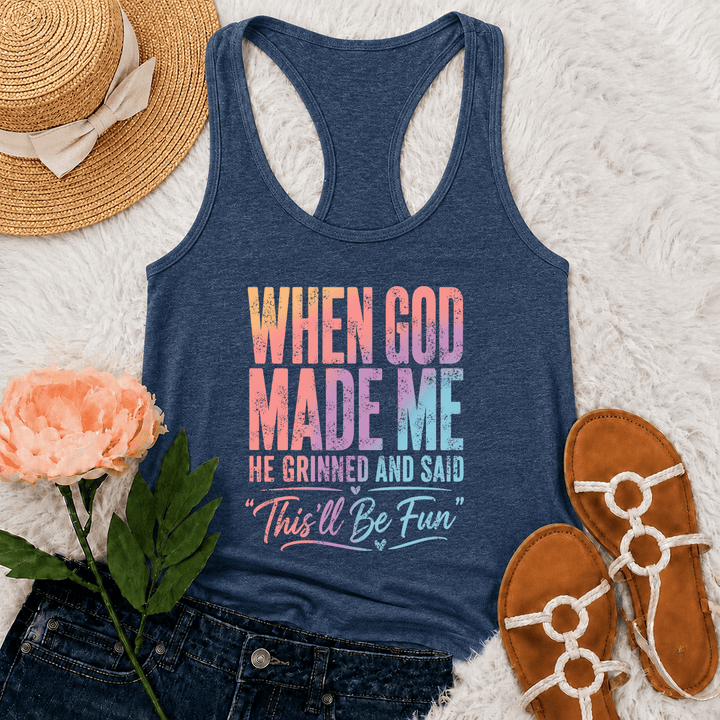 Christianartworkshop Pastellfarbenes Tanktop mit Regenbogenverlauf, lustigem Motiv: Gott und Schöpfung, Used-Look-Typografie, Racerback - Marineblau - 2XL - image 6