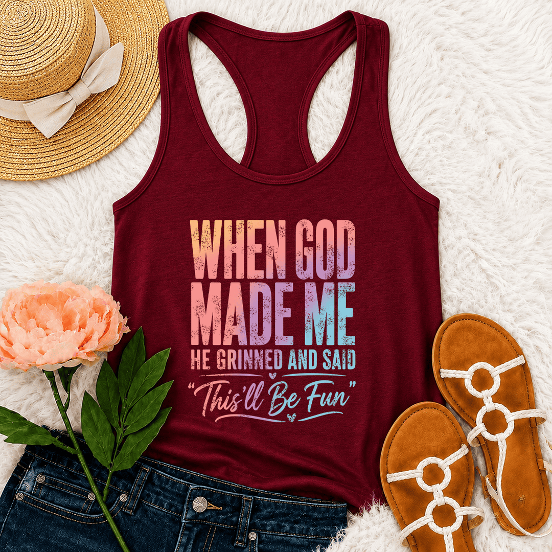 Christianartworkshop Pastellfarbenes Tanktop mit Regenbogenverlauf, lustigem Motiv: Gott und Schöpfung, Used-Look-Typografie, Racerback - Wein - 2XL - image 24