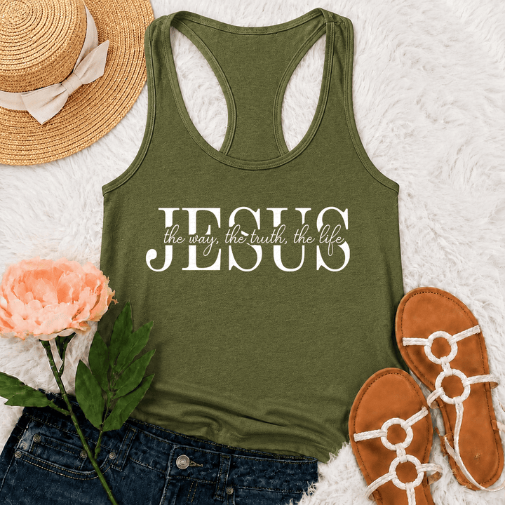 Christianartworkshop Jesus The Way The Truth The Life Gemischte Serif- und Kursivschrift Glaubenstext Racerback Tank Top - Armeegrün - 2XL - image 9
