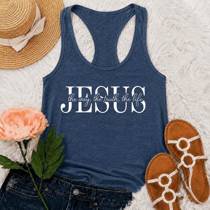 Christianartworkshop Jesus The Way The Truth The Life Gemischte Serif- und Kursivschrift Glaubenstext Racerback Tank Top - Marineblau - 2XL - image 12