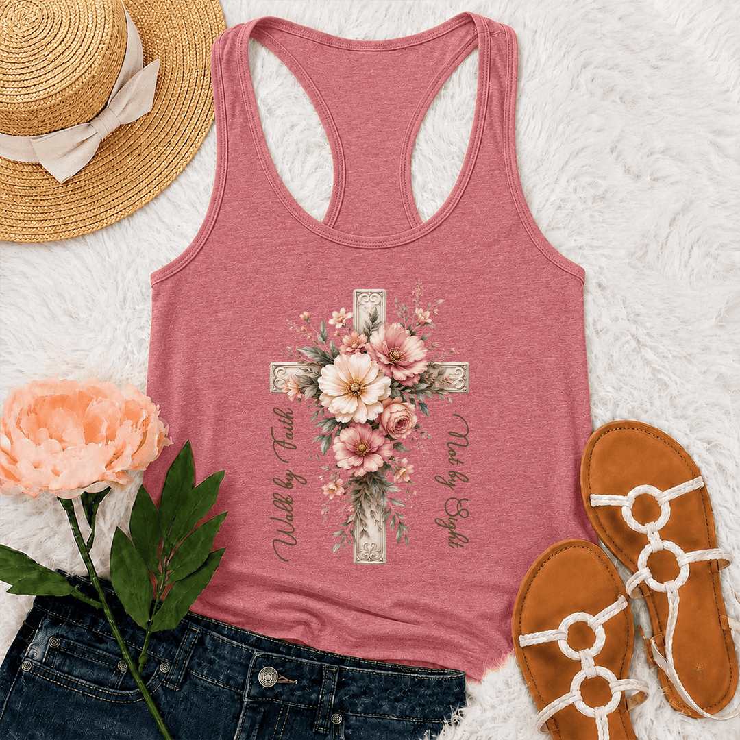 Christianartworkshop Walk by Faith Not by Sight Vintage Ornate Cross Blush Floral Watercolor Graphic Racerback Tank Top - Rosa - 2XL - image 0