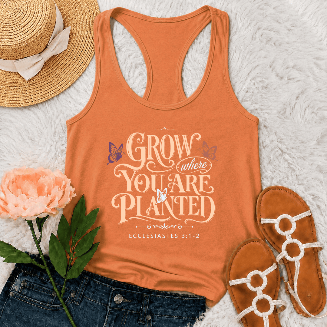 Christianartworkshop Grow Where You Are Planted Ornate Vintage Script Butterfly Accent Graphic Racerback Tank Top mit Print und Bibelvers aus Prediger 3,1-2 - Orange - 2XL - image 6