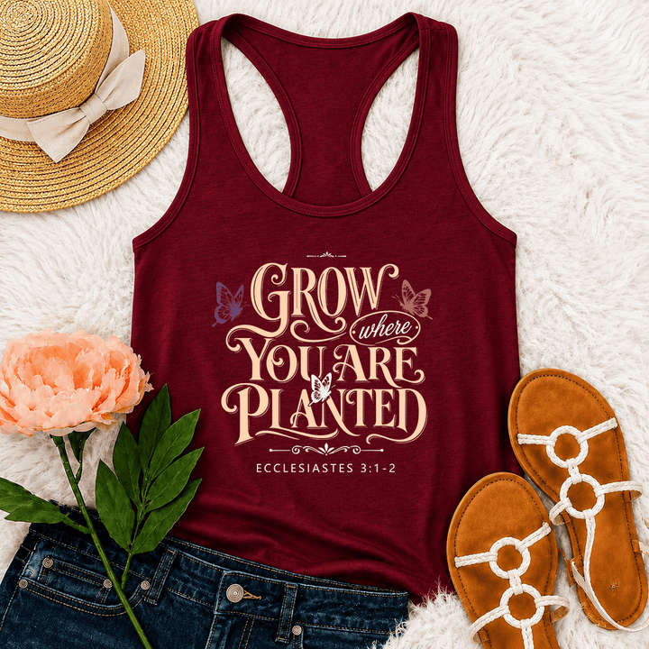 Christianartworkshop Grow Where You Are Planted Ornate Vintage Script Butterfly Accent Graphic Racerback Tank Top mit Print und Bibelvers aus Prediger 3,1-2 - Wein - 2XL - image 27