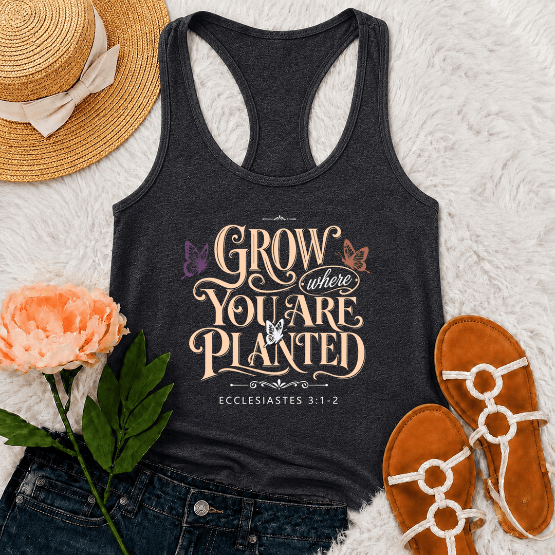 Christianartworkshop Grow Where You Are Planted Ornate Vintage Script Butterfly Accent Graphic Racerback Tank Top mit Print und Bibelvers aus Prediger 3,1-2 - Grau - 2XL - image 3