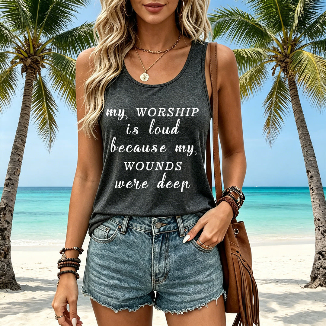 Christianartworkshop Mein Gottesdienst ist laut, weil meine Wunden tief waren Gemischte Schriftart Inspirierender Text Racerback Tanktop - image 7