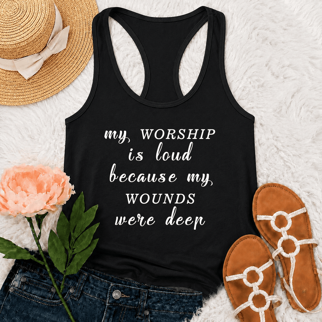 Christianartworkshop Mein Gottesdienst ist laut, weil meine Wunden tief waren Gemischte Schriftart Inspirierender Text Racerback Tanktop - Schwarz - 2XL - image 12