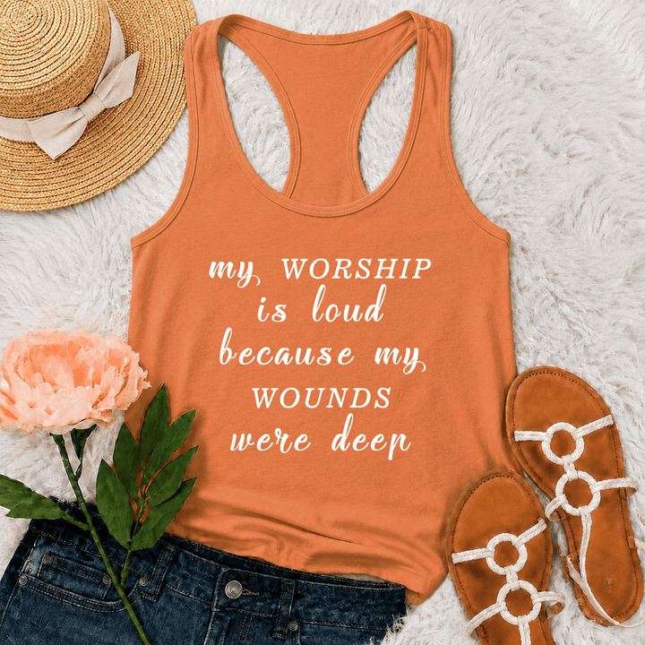 Christianartworkshop Mein Gottesdienst ist laut, weil meine Wunden tief waren Gemischte Schriftart Inspirierender Text Racerback Tanktop - Orange - 2XL - image 9