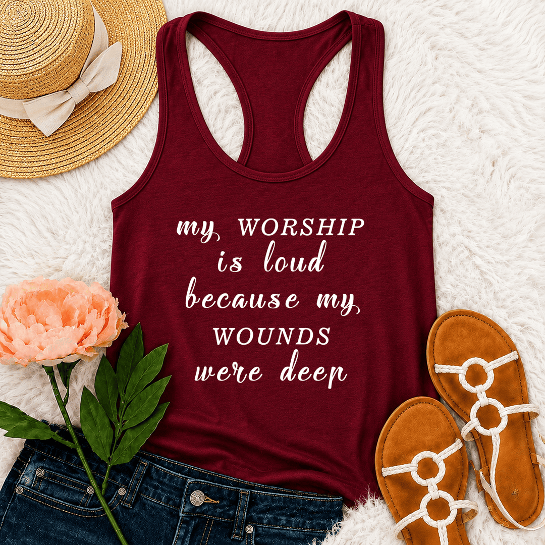 Christianartworkshop Mein Gottesdienst ist laut, weil meine Wunden tief waren Gemischte Schriftart Inspirierender Text Racerback Tanktop - Wein - 2XL - image 0